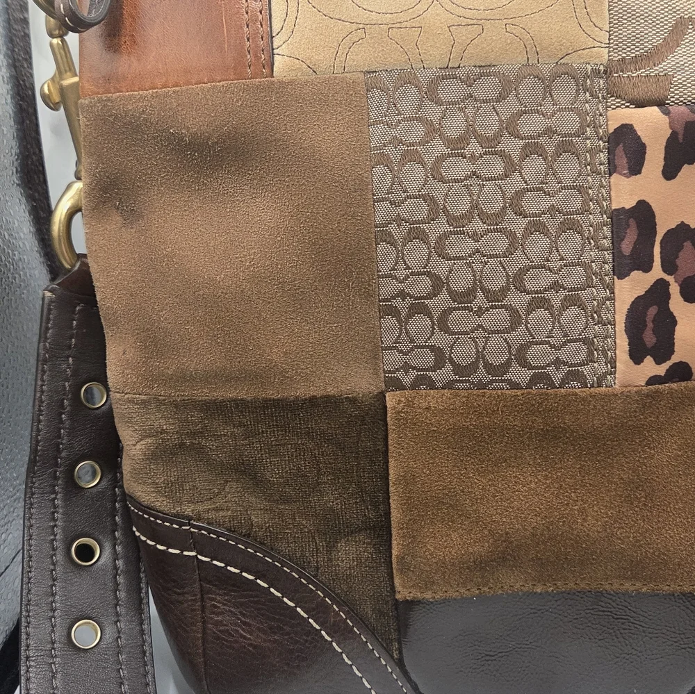 VTG COACH Patchwork Top Zipper Crossbody Tote Shoulder Bag Brown Lining - Picture 2 of 10